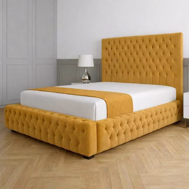 Living Comfort Bedz Countess Single Upholstered Velvet Gas Lift Storage Bed with 48 Inch Headboard in Yellow, W/D/H: 90 x 200 cm