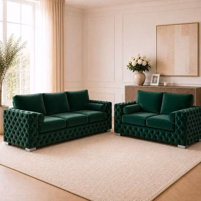 Stratus Interiors Ashley Dark Green Fabric Chesterfield 2 and 3 Seater Upholstered Sofa Set