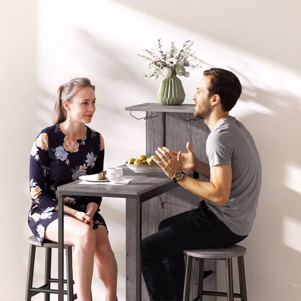 STILVORA 3 Piece Breakfast Bar Table Set with Storage Shelves in Grey – 7