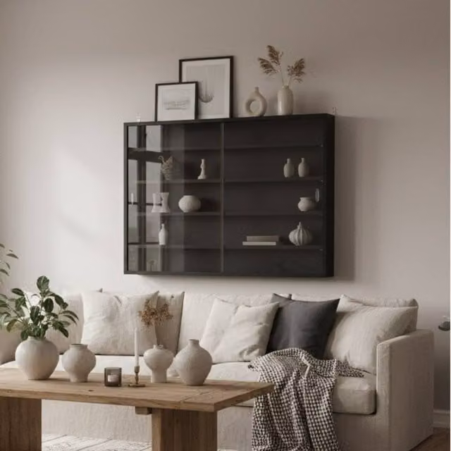 Wyld Haus Velura Black Wood and Glass Wall Mounted Display Cabinet with Sliding Glass Doors W/H: 60 x 80 cm