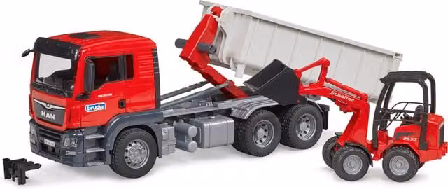Bruder MAN TGS Truck with Roll-Off Container Schaffer Compact Load Playset Model, Red, 1:16 Scale