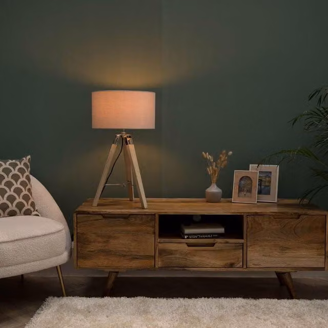 ValueLights Clipper Tripod Table Lamp with Brown Wood Base and Grey Fabric Cylinder Shade – 1
