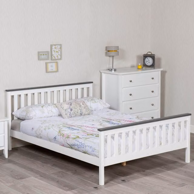 Shanghai Solid Pine Wood Bed Frame in Satin White, Double (140 x 200 cm)