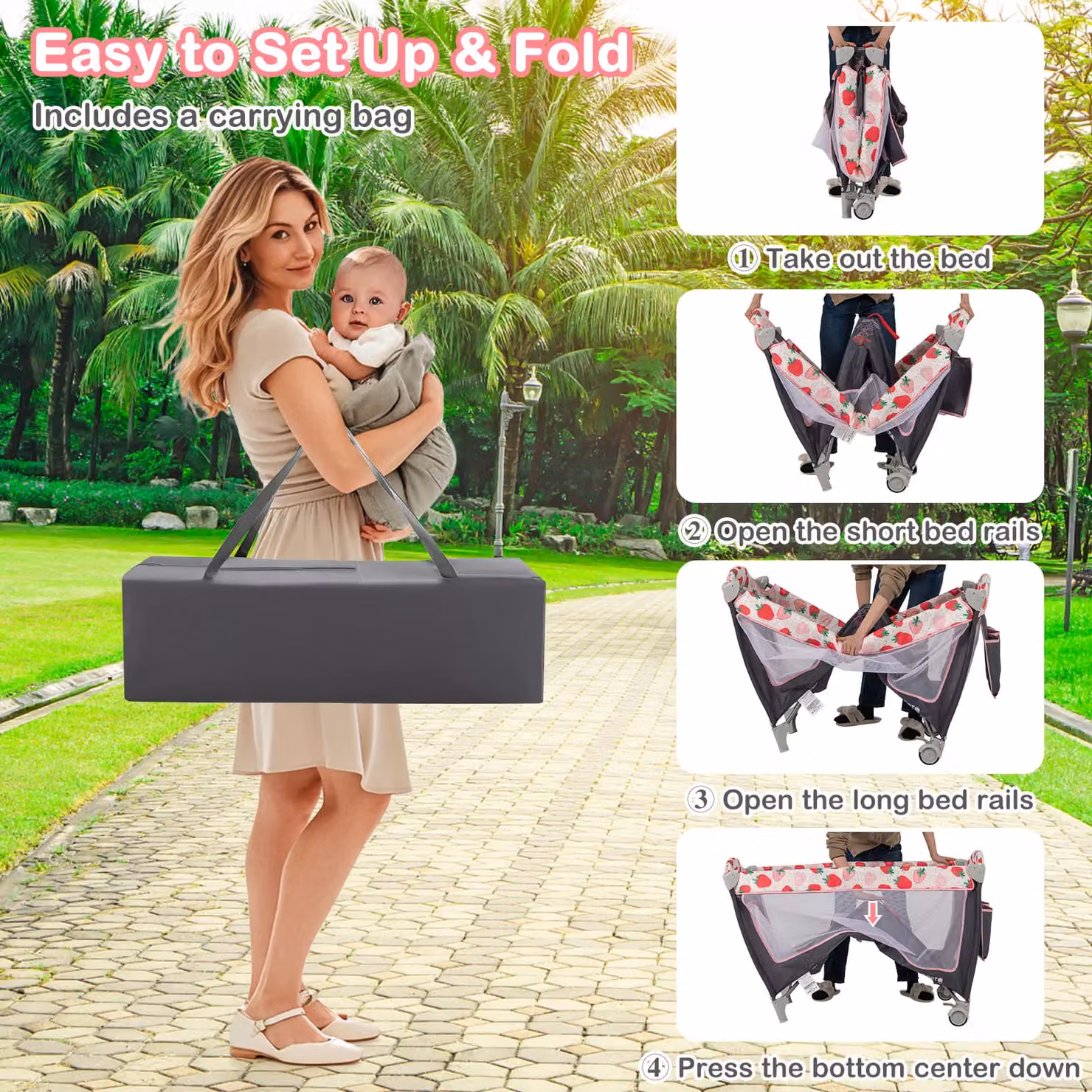 Gymax 4 in 1 Folding Infant Nursery Center Playard with Toy Bar in Pink – 3