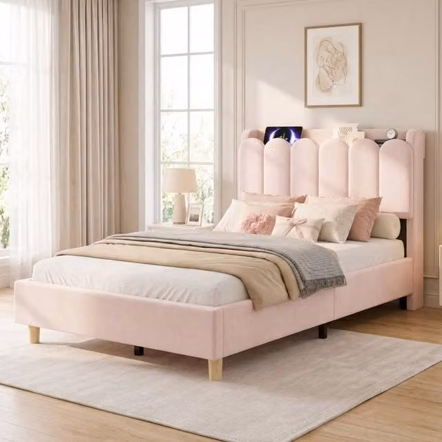 STILVORA Pink Velvet Upholstered Single Bed Frame with Storage Headboard, USB Charging Port, Bedside Shelf and Integrated Reading Light, W/D/H: 90 x 190 cm – 1