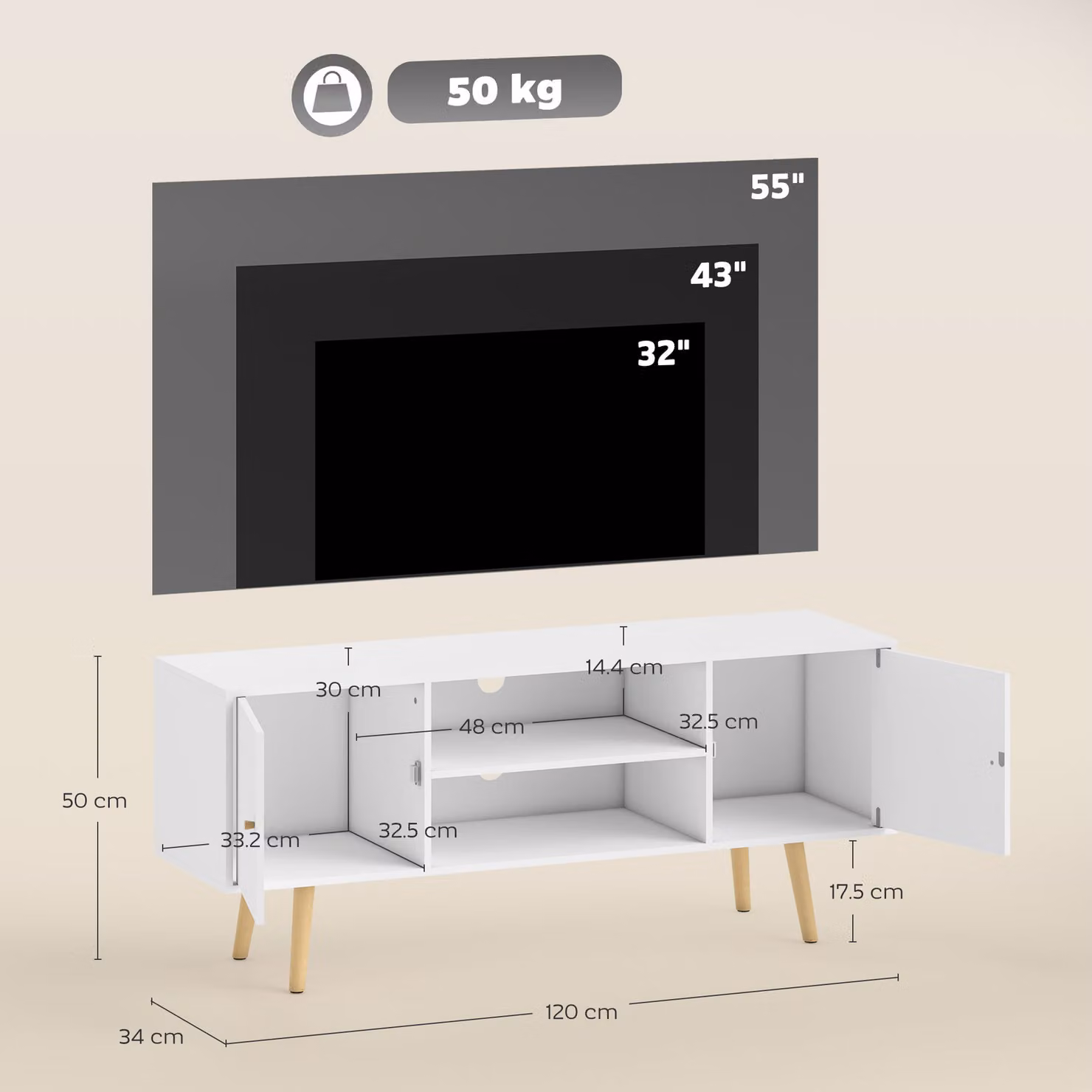 HOMCOM White TV Unit Cabinet with Storage Shelves and Wood Legs for TVs up to 55 Inches, W: 120 cm, H: 50 cm, D: 15 cm – 3