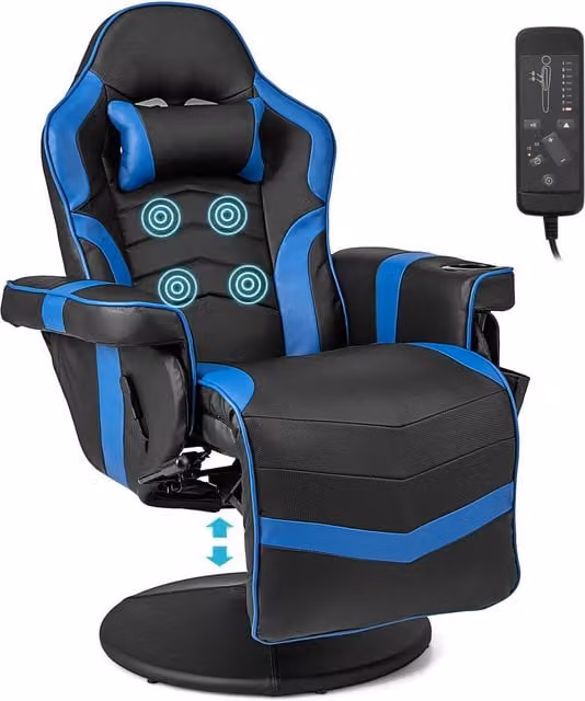 Gymax Blue PU Leather Massage Gaming Chair with Adjustable Height, Swivel Recliner and Headrest – 1