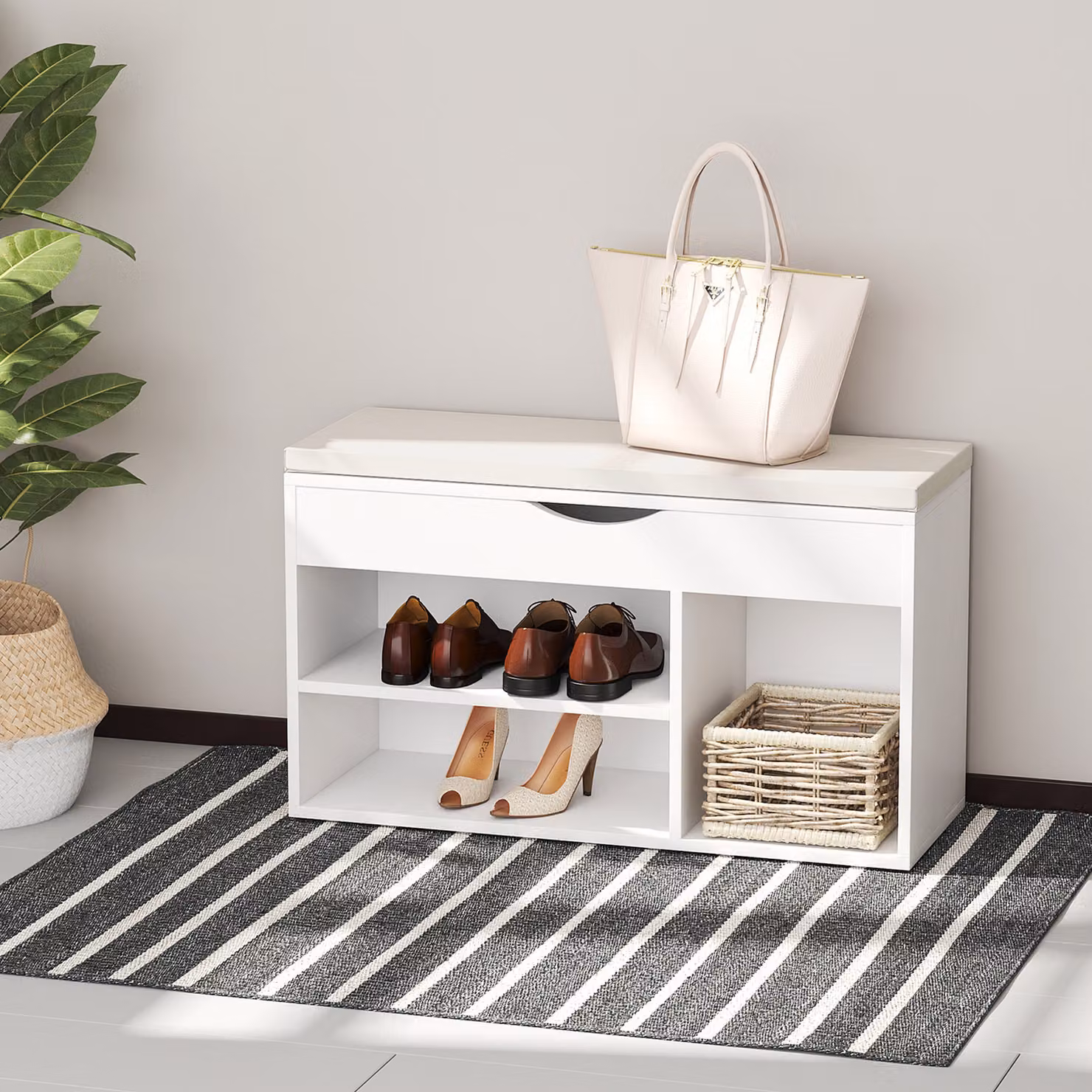 HOMCOM Wooden Shoe Rack Bench with Padded Seat and Hidden Storage, White, W: 80 cm, D: 30 cm, H: 47 cm – 2