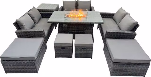 Fimous Outdoor Love Sofa Set with Gas Firepit Dining Table, 4 Footstools and Side Table in Dark Grey – 1