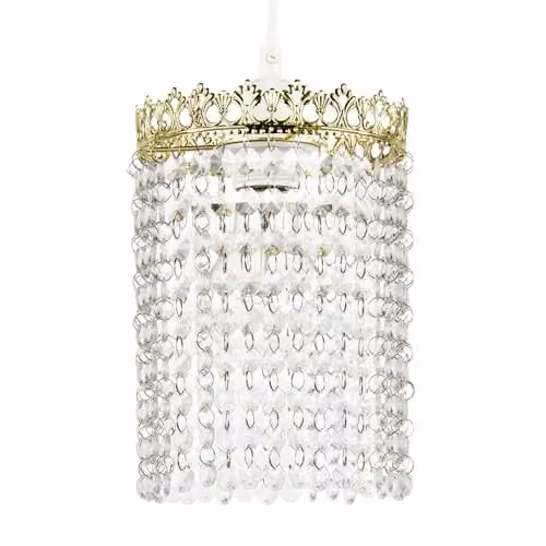 Happy Homewares Vintage Gold Crown Pendant Light Shade with Transparent Acrylic Beads, W: 22 cm, H: 15 cm