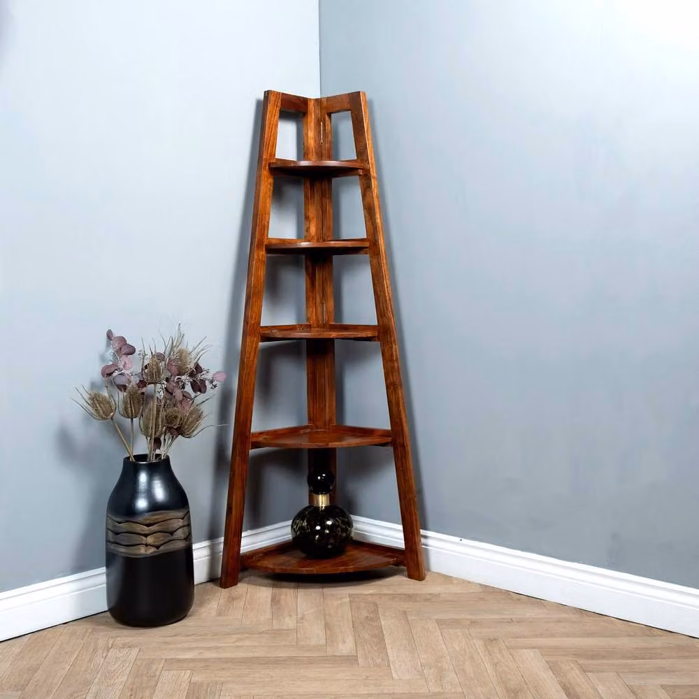 Elm Home And Garden Dark Brown Solid Mango Wood Folding Corner Shelving Display Unit H 155 cm x W 45 cm x D 62 cm – 4