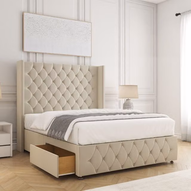 BSSPOKE Ruby Divan Bed with 54 inch Headboard and 2 Drawers in Cream Plush Velvet, Super King, W/D/H: 200 x 162.56 x 137.16 cm