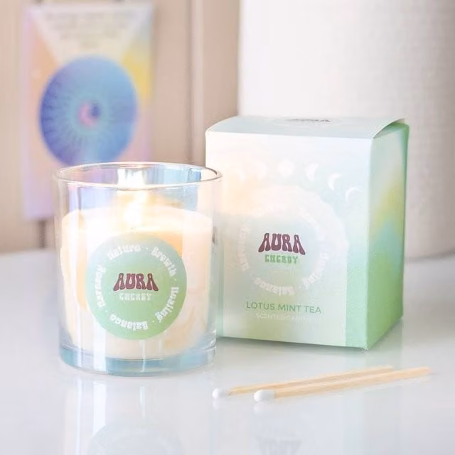 Uniqueful Aura Energy Lotus Mint Iridescent Green Glass Pillar Candle, 100g