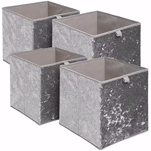 OHS Pack of 4 Crushed Velvet Foldable Storage Boxes with Handles, Anthracite Grey, W/D/H: 27.0 x 27.0 x 27.0 cm – 1
