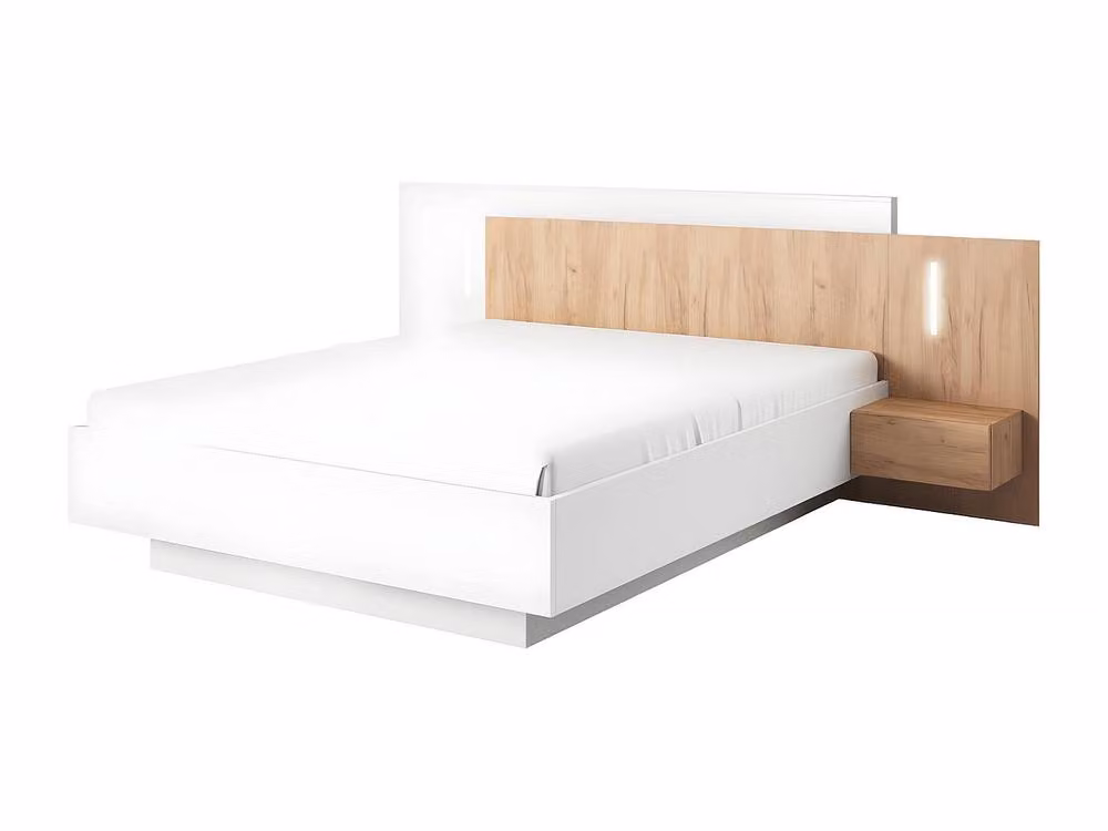Vente-unique Double Bed with Bedside Tables and LED Under-bed Lighting in Light Oak and White, W/D/H: 160 x 200 x 102 cm – 2