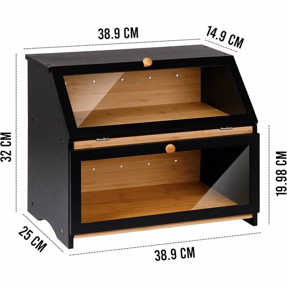 VOGREX 2-Tier Bamboo Bread Bin with Black Cutting Board Lid – 2
