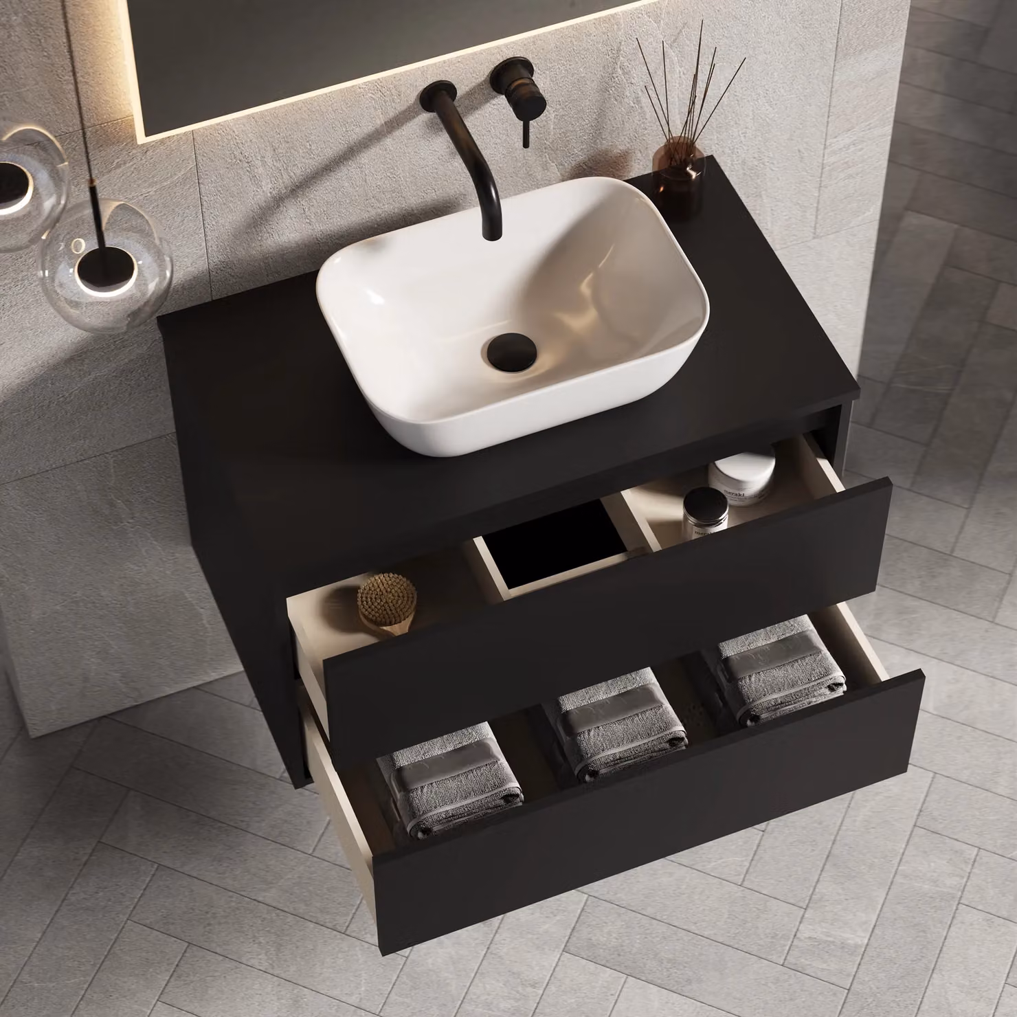 Banyetti Venti 800mm Wall Hung Vanity Unit with Matching Worktop, Matt Black – 3