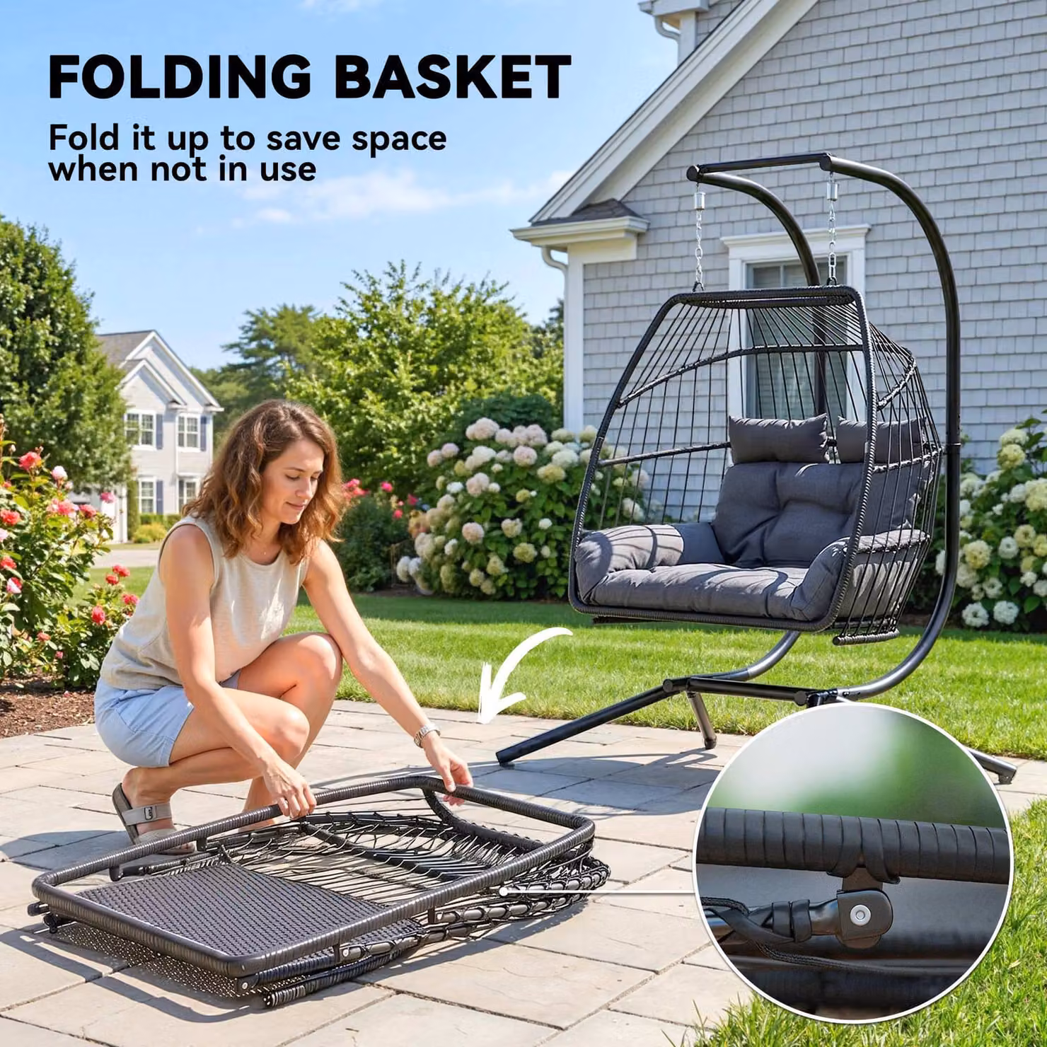 Outsunny Dark Grey Rattan Double Hanging Egg Chair with Stand and Cushions – 7