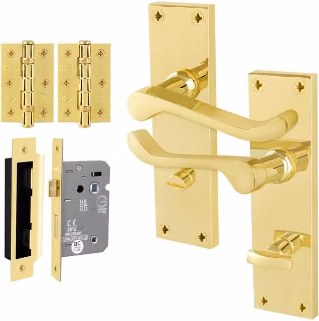 AFIT Polished Brass Scroll Bathroom Handle Lock and Hinges in Gold, W/D/H: 15.0 x 15.0 x 15.0 cm – 1