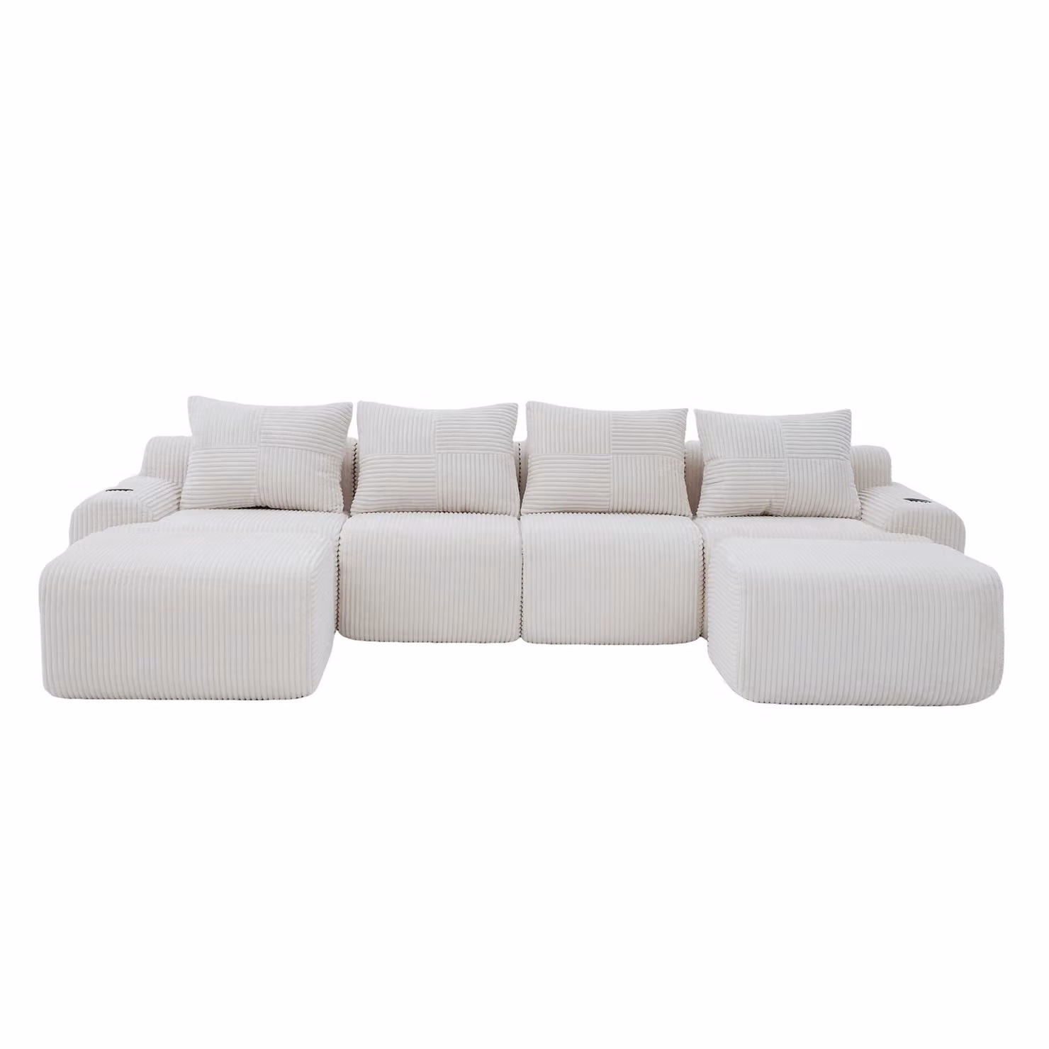 Aosom UK 4-Seater Modular Cord Fabric Sectional Sofa with 2 Ottomans and Integrated Cup Holders, Beige, W: 333 cm, D: 174 cm, H: 80 cm – 2