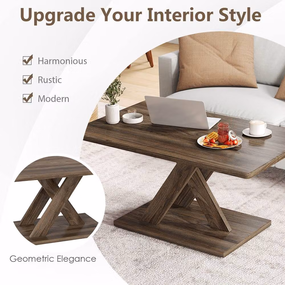 Costway Brown Rectangular Farmhouse Coffee Table with X-Frame Design – 4