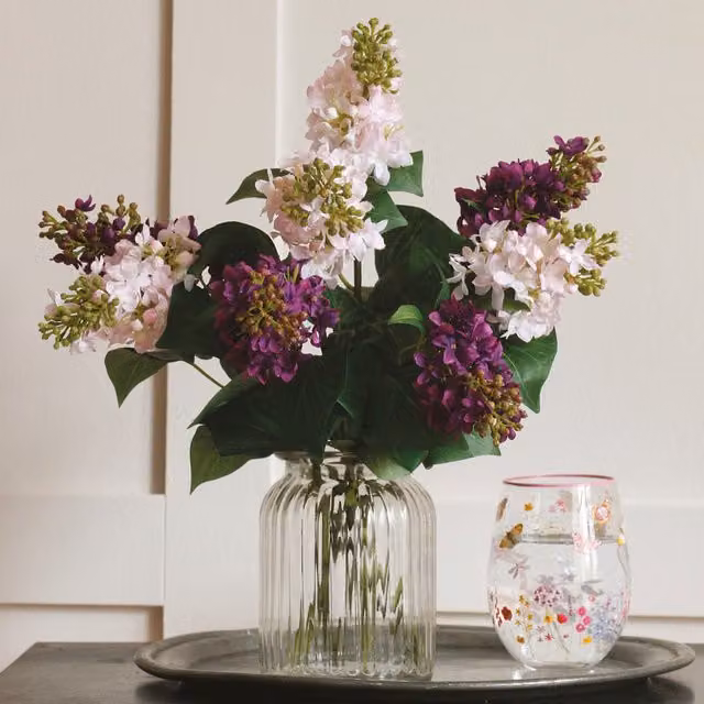 Bloom Striped Ribbed Glass Flower Vase, Clear, H: 15 cm, Diameter: 12 cm