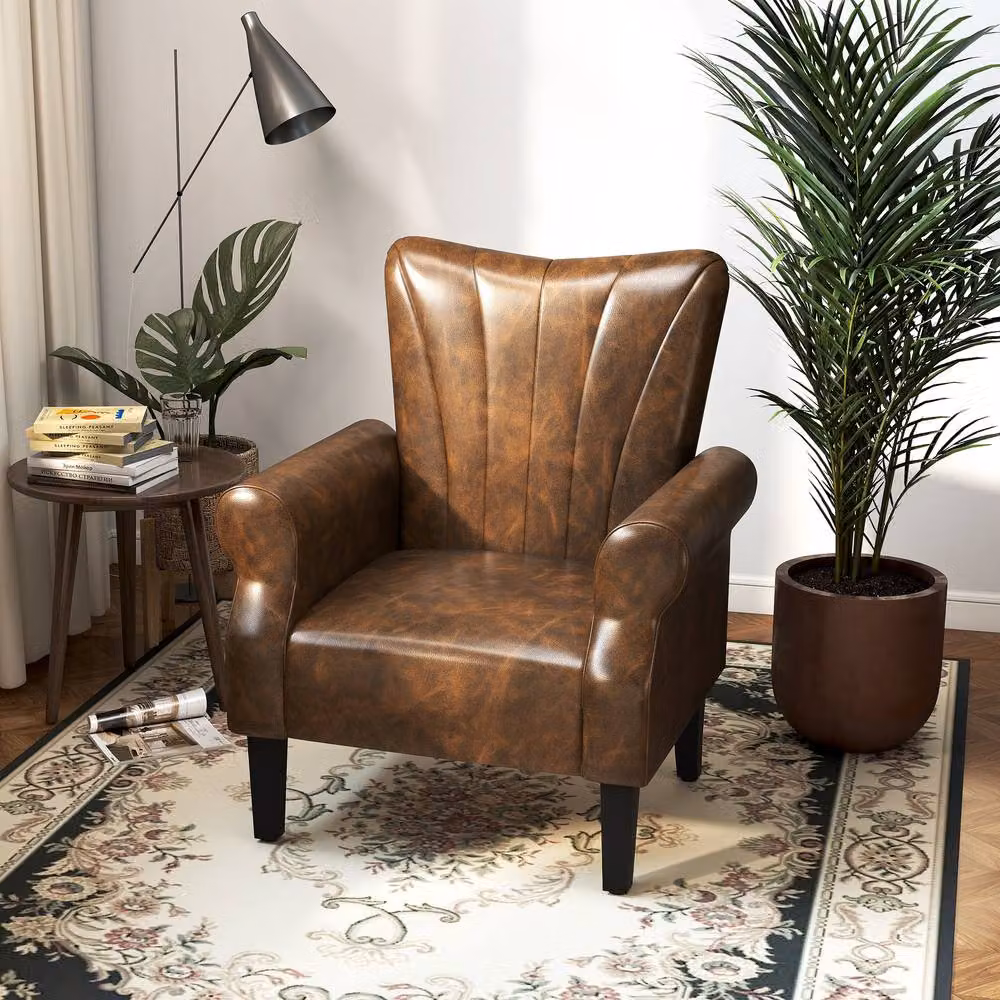 STILVORA Classic Lounge Armchair with Solid Wood Frame and Brown Synthetic Leather – 3