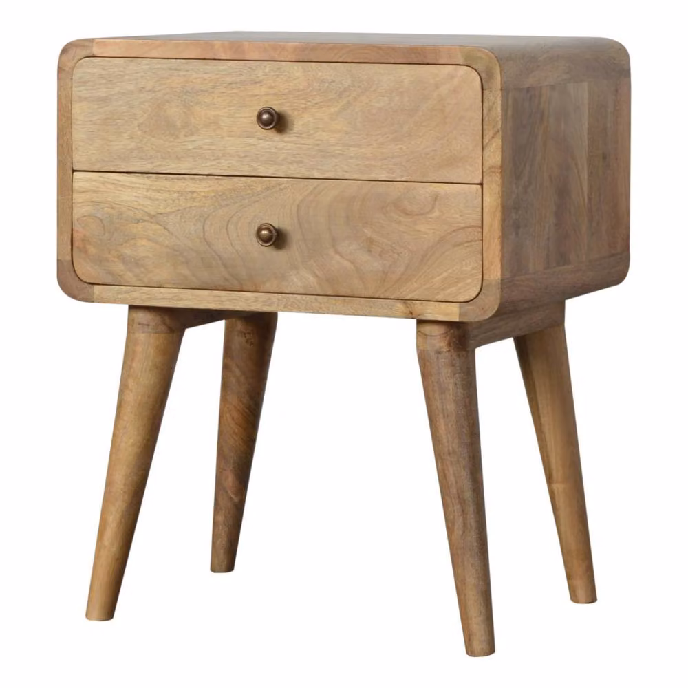Direct Wicker Solid Wood Curved Oak-ish Bedside Table with 2 Drawers, Beige and Light Brown – 2