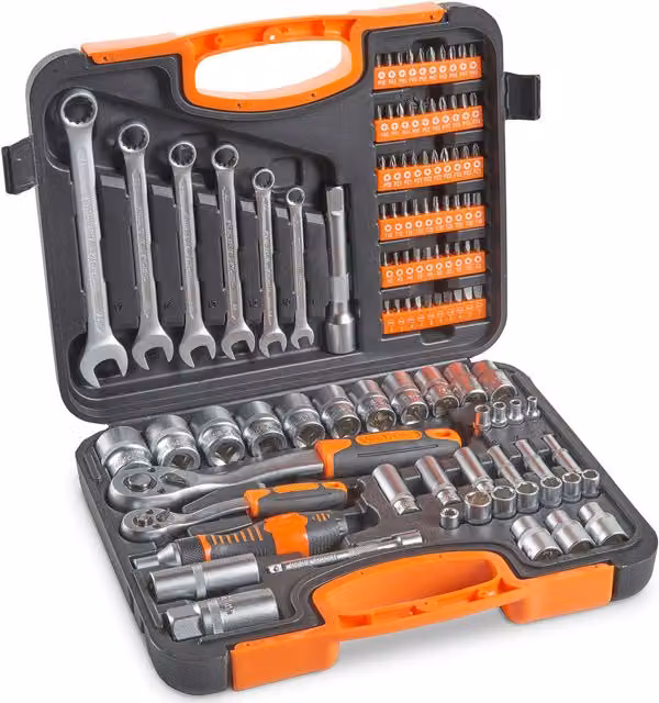 VonHaus 104 Piece Screwdriver Tool Socket Set with Quarter and Half Inch Drive in Grey, Orange and Black