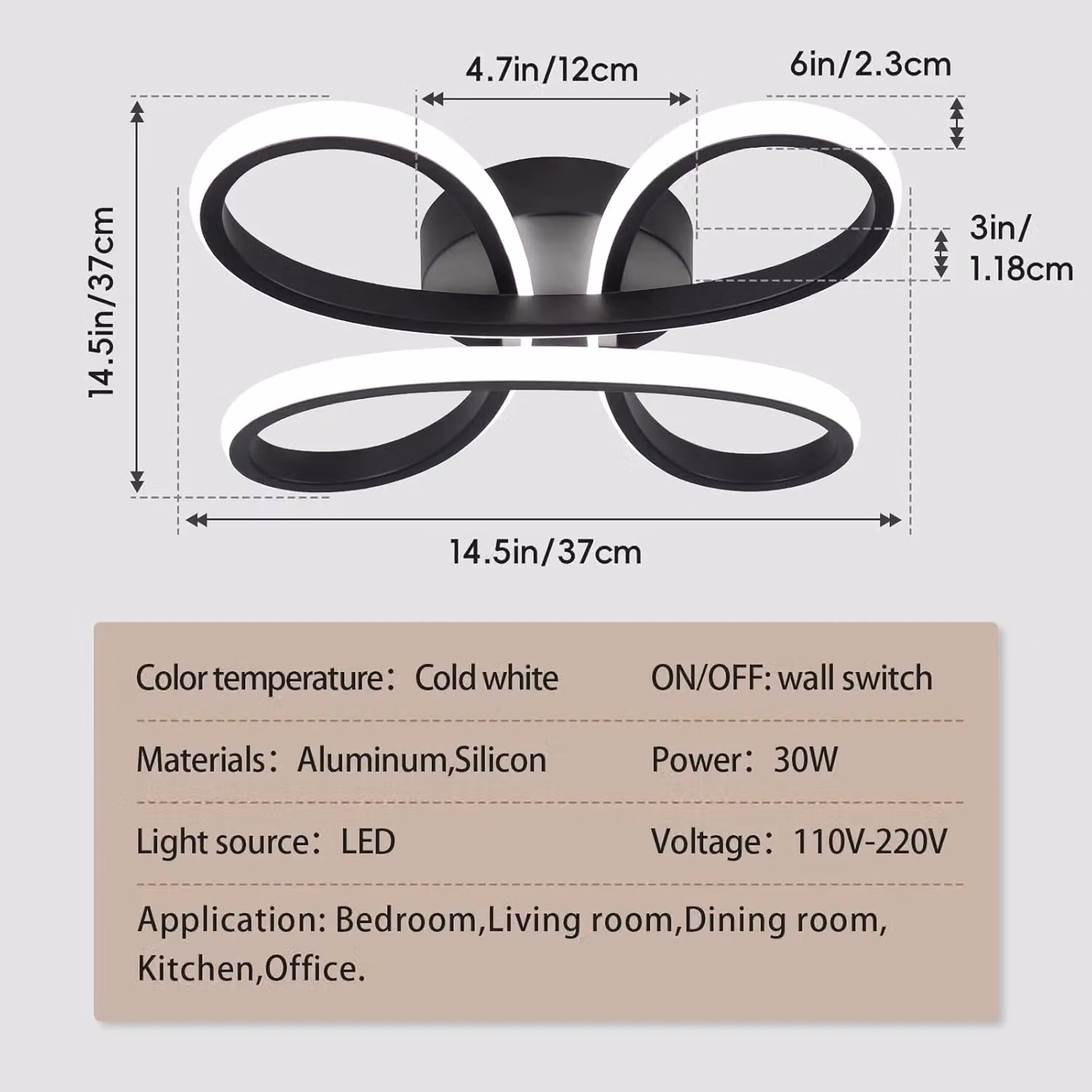 COMELY Modern LED Ceiling Light, 30W, Black, Cool White 6500K – 6