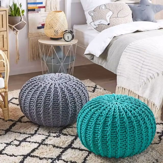 Wyld and Coco Nordic Nest Grey Knitted Cotton Pouf Ottoman W/D/H: 50 x 35 x 35 cm