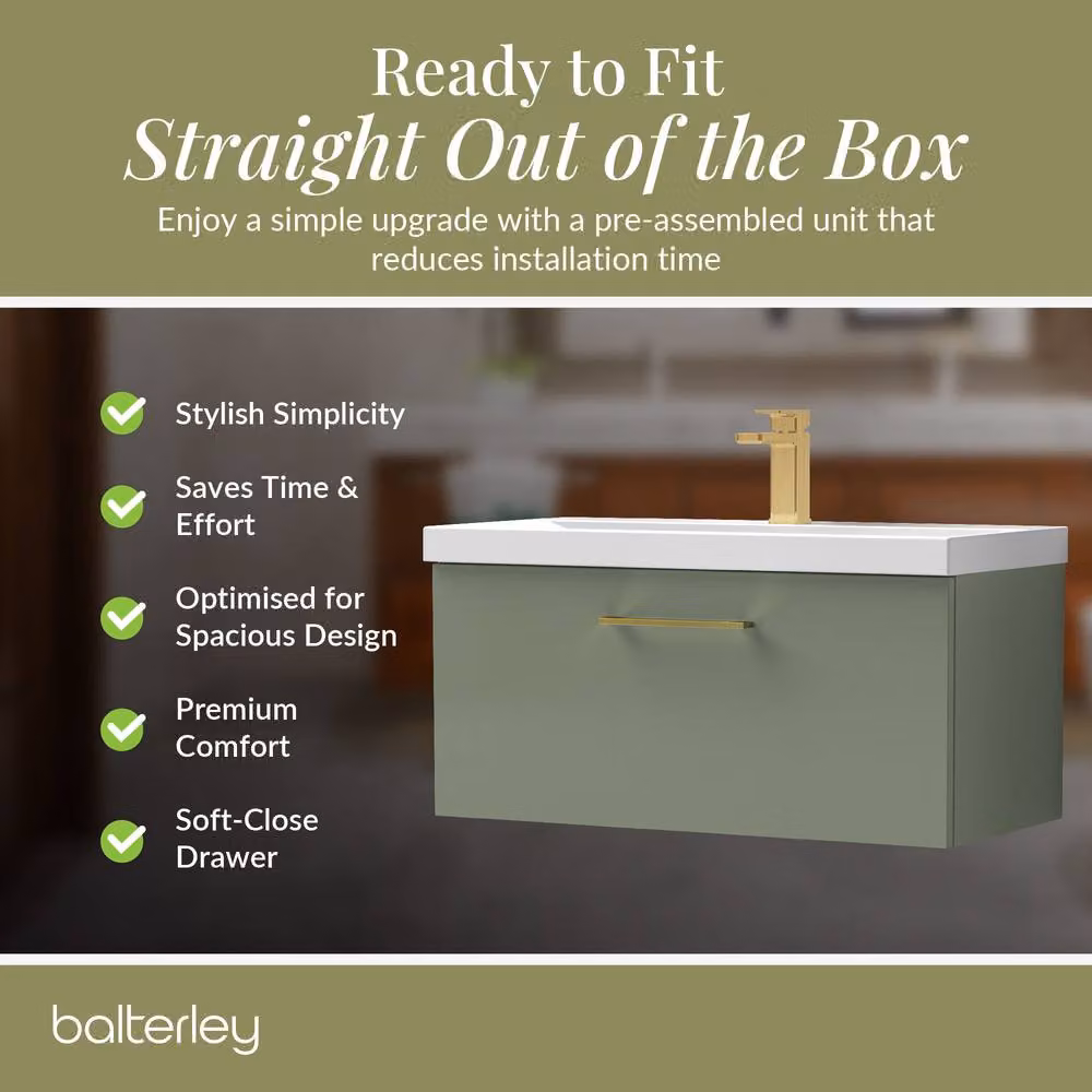 Balterley 800mm Wall Hung 1 Drawer Vanity Basin Unit in Satin Green with Brass Handle – 3