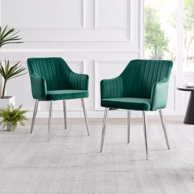 FurnitureboxUK Calla Modern Green Velvet Dining Chairs with Chrome Metal Legs, Set of 2