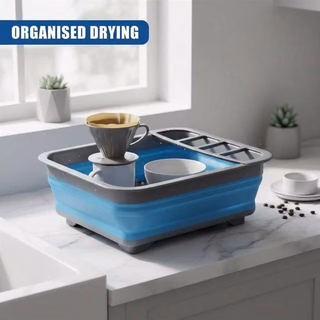 EONLION Blue Foldable Silicone and Plastic Dish Drying Rack, Width: 100 cm