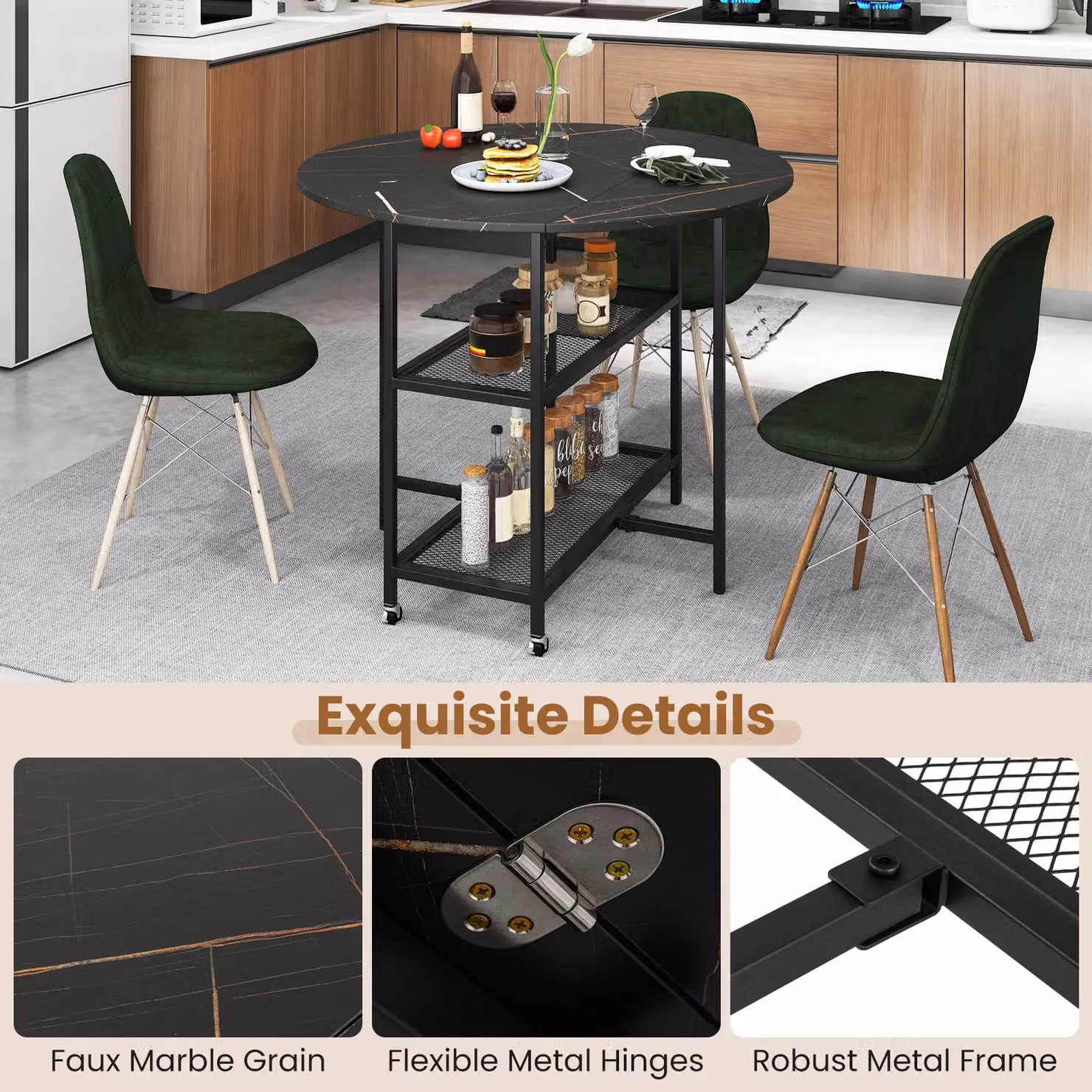 Gymax Modern Round Kitchen Dining Table with Drop Leaf Top in Black, Diameter: 100 cm – 7