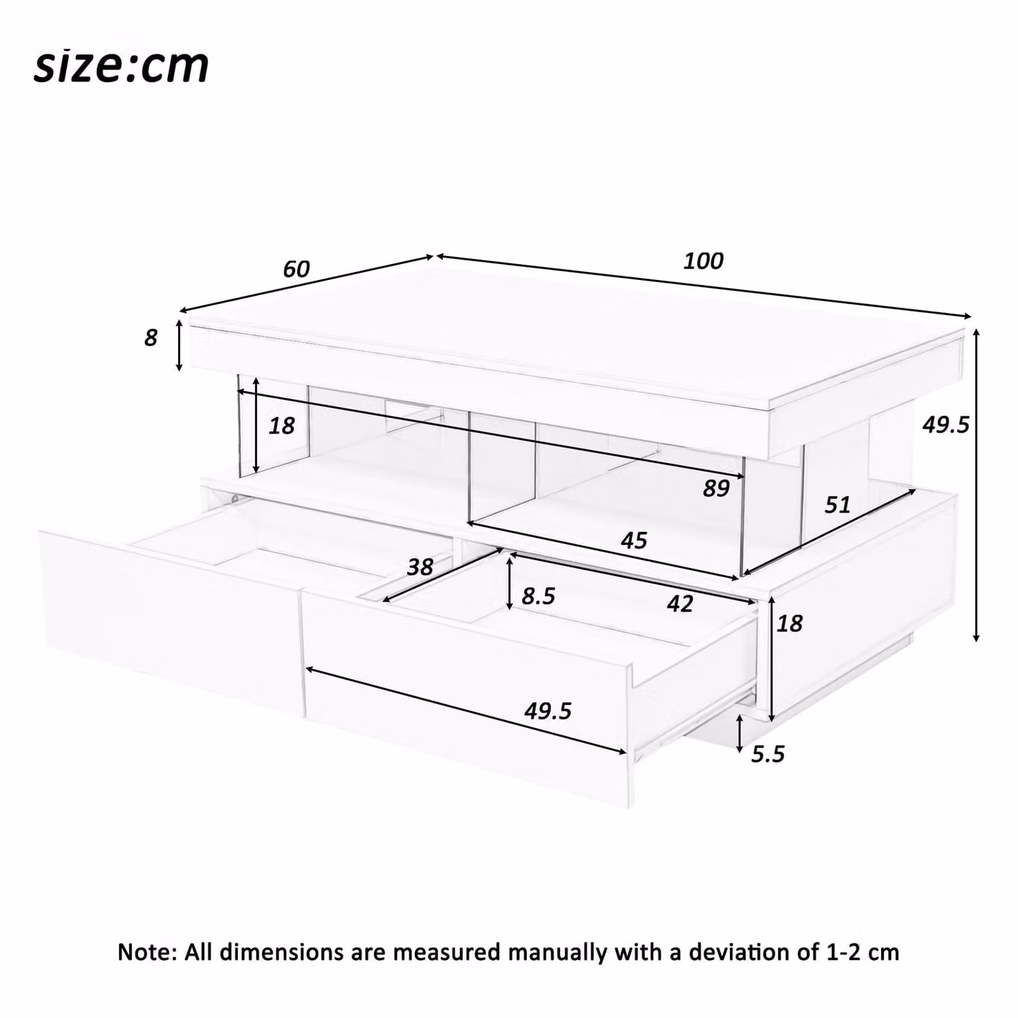 Aosom UK Modern Black Coffee Table with 2 Drawers, Open Storage and LED Lights, W: 100 cm, D: 60 cm, H: 49.5 cm – 1