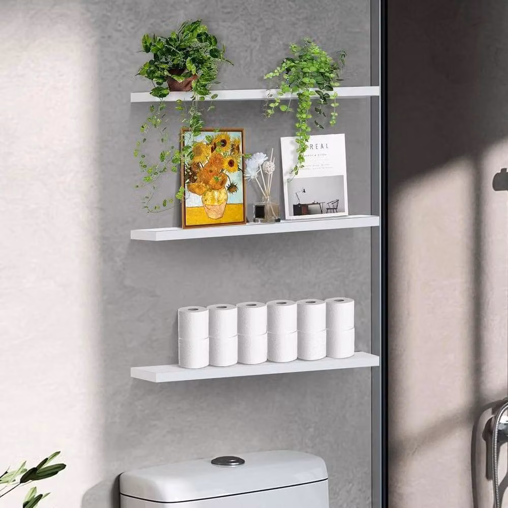 FORGEVIO Set of 3 White Modern Floating Wall Shelves, W: 40 cm, D: 15 cm, H: 1.5 cm – 2