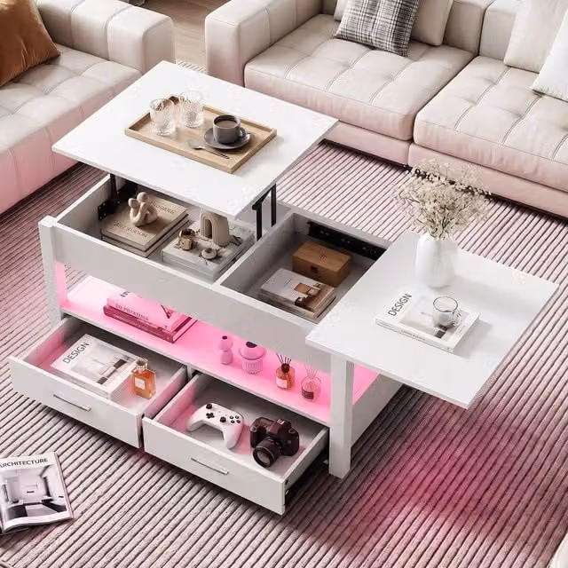 EONLION White LED Lift Top Coffee Table with Drawers – 1