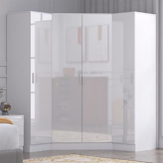 REFLECT Wardrobe Bundle featuring one 2-door corner wardrobe and two 1-door wardrobes in White Gloss and Matt White