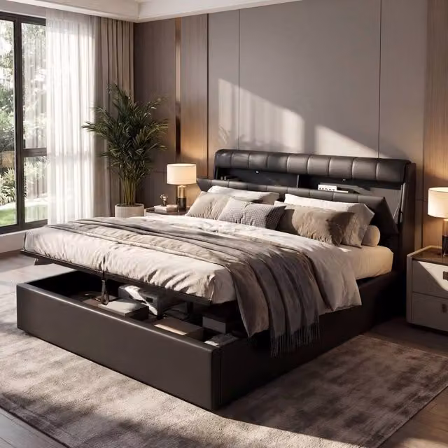 ModernLuxe Upholstered King Size Bed with Hydraulic Storage and Headboard in Black Synthetic Leather W/D/H: 150 x 200 x 50 cm – 1