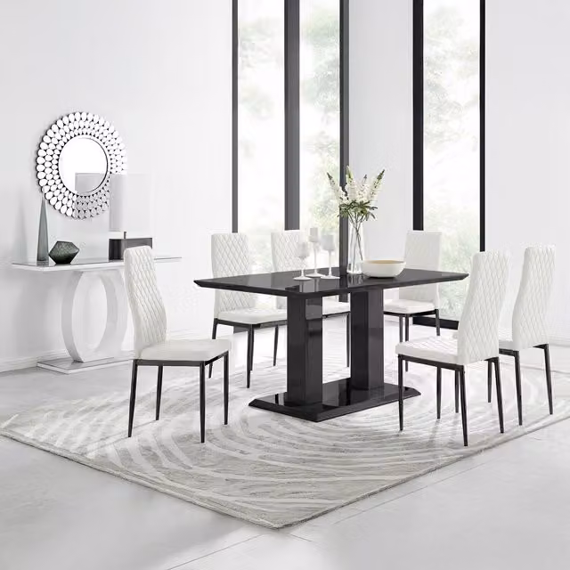 FurnitureboxUK Imperia White Rectangular Dining Table with 6 Milan Black Leg Chairs