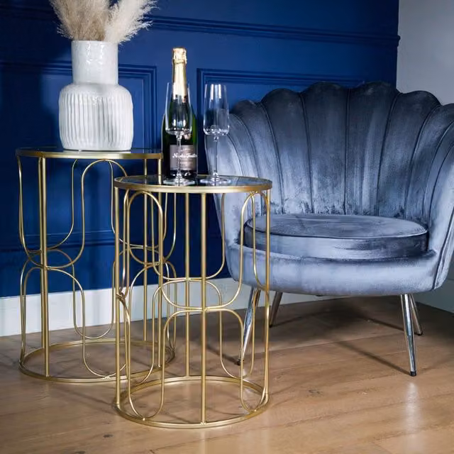 Madison & Mayfair Set of 2 Gold Modern Square Glass Top Nested Tables W/D/H: 43 x 43 x 61 cm and 43 x 43 x 43 cm – 2