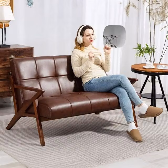 Chilli Seating Vintage Tufted Loveseat Sofa in Brown Synthetic Leather with Solid Beech Wood Frame