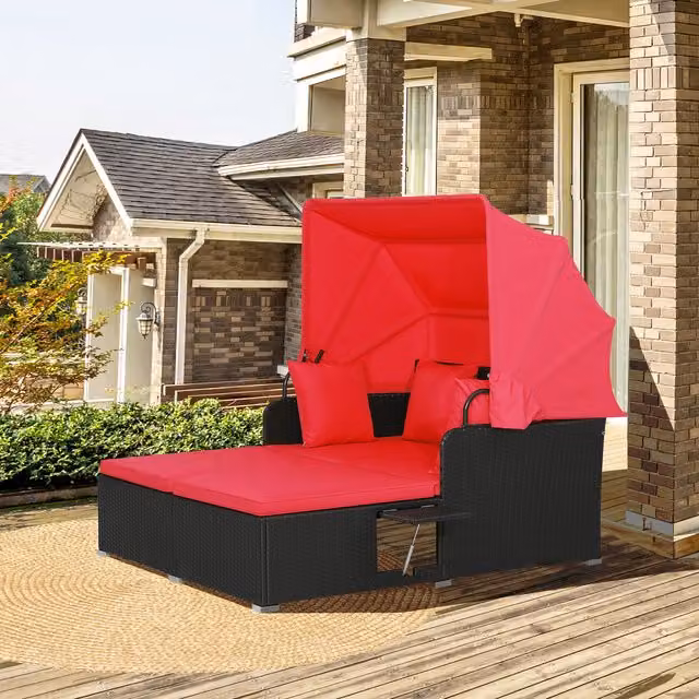 COSTWAY Red Outdoor Daybed Patio Loveseat Sofa Set with Sun Canopy and Side Tray
