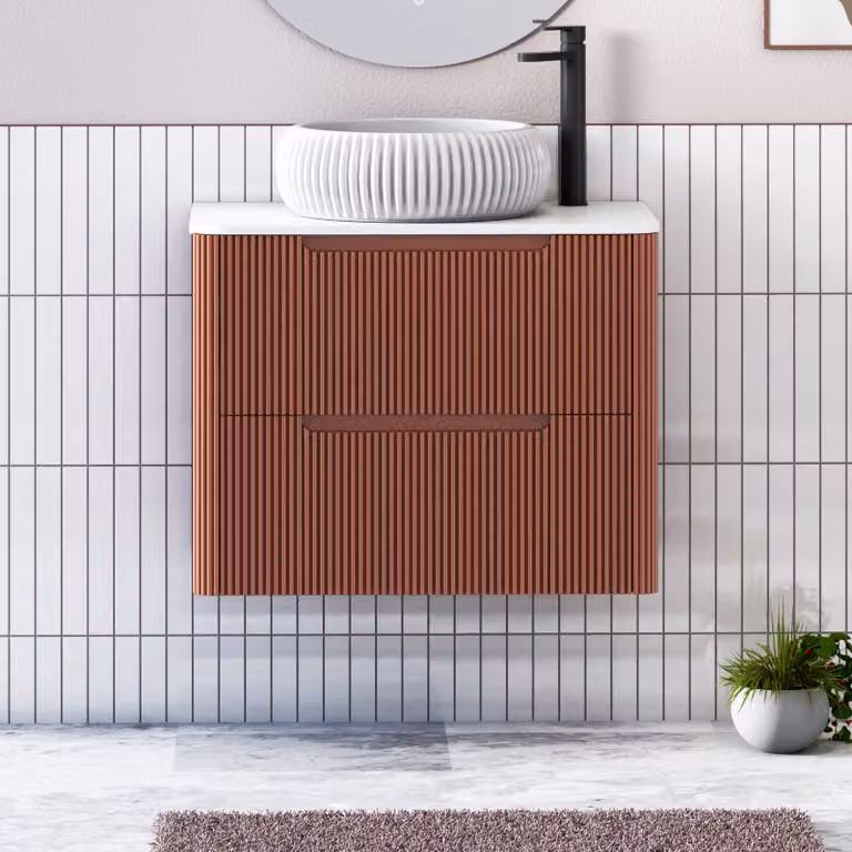 Royal Bathrooms Avenza 600mm Wall Hung Vanity Unit in Terracotta with 2 Drawers and White Milan Basin