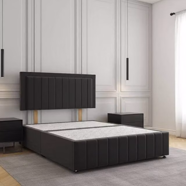 Regional Furnishings Black Velvet Upholstered Small Double Divan Bed Base with 24 inch Headboard and Footboard, W/D/H: 120 x 200 cm