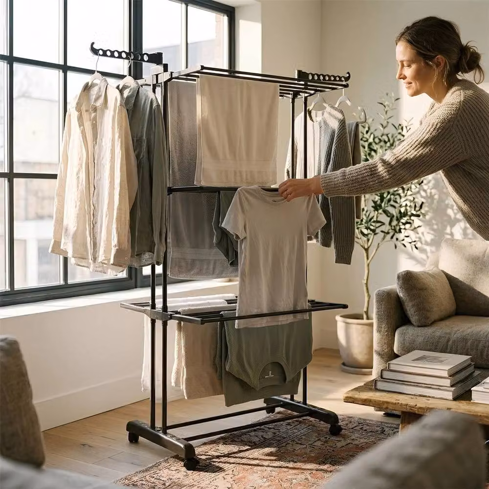 NESTLUNE 4-Tier Folding Metal Wheeled Clothes Airer in Black – 2