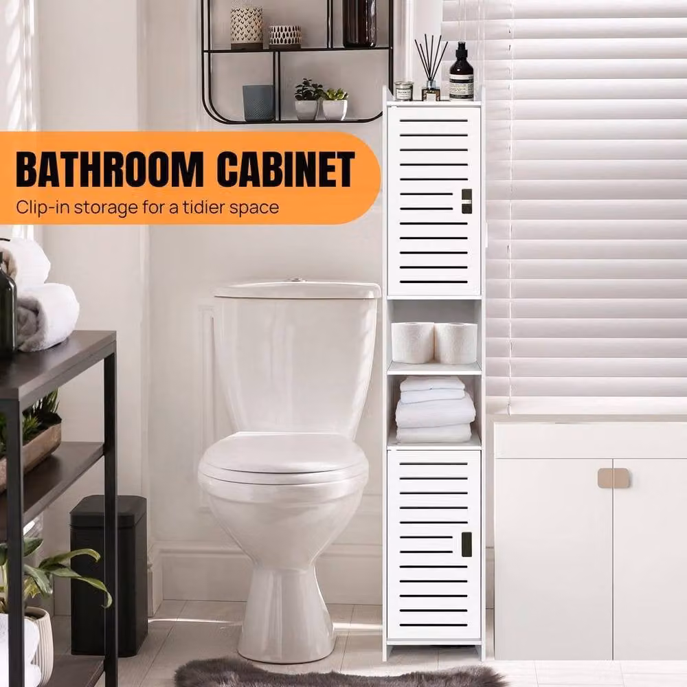 NESTLUNE Tall White Bathroom Storage Cabinet with Internal Shelves and Hinged Doors, H 117 x W 20 x D 20 cm – 2