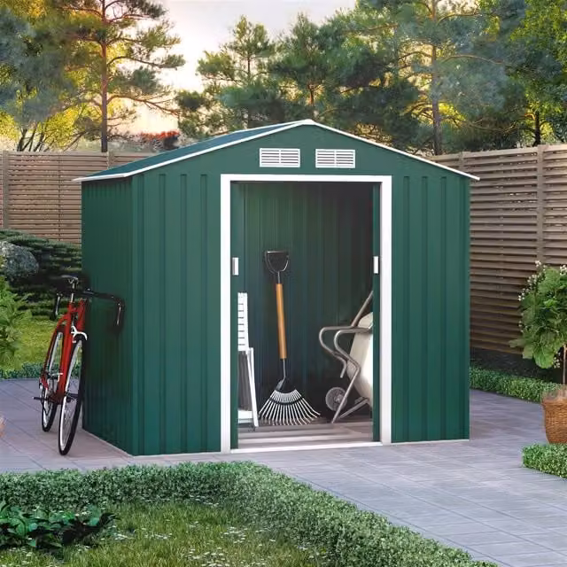 BillyOh Ranger Apex Metal Gable Shed with Foundation Kit and Sliding Doors in Green, W/D/H: 228 x 117 x 195 cm
