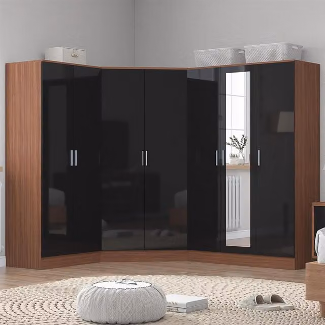 REFLECT Wardrobe Bundle featuring Corner, 3-Door and 2-Door Units in Black Gloss and Matt Walnut